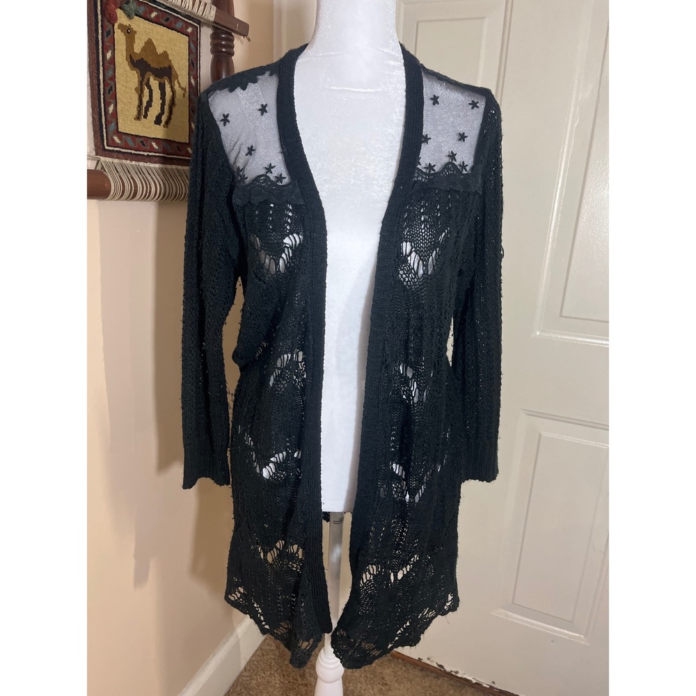 CB Established 1962 Women's L Black Pointelle Duster Cardigan Witchy Whimsygoth